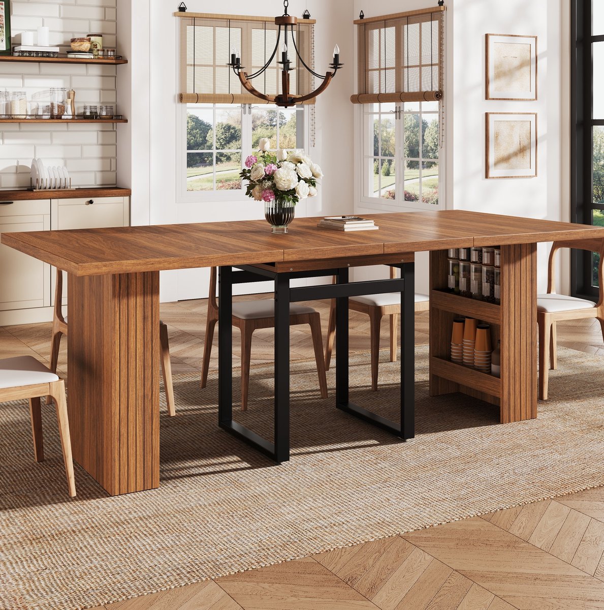 MODENUIT Eettafel - Uitschuifbaar Met Opbergruimte - Keuken En Woonkamer - MDF En Metaal - Donkerbruin - 200x80x78 Cm