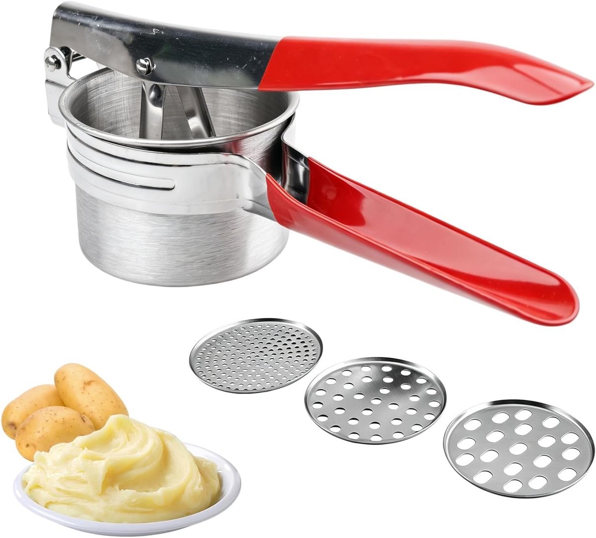 Aardappelpers van roestvrij staal met 3 verwisselbare zeefjes, antislip handvat voor perfect gepureerde aardappelen, fruitsappen en groentepuree