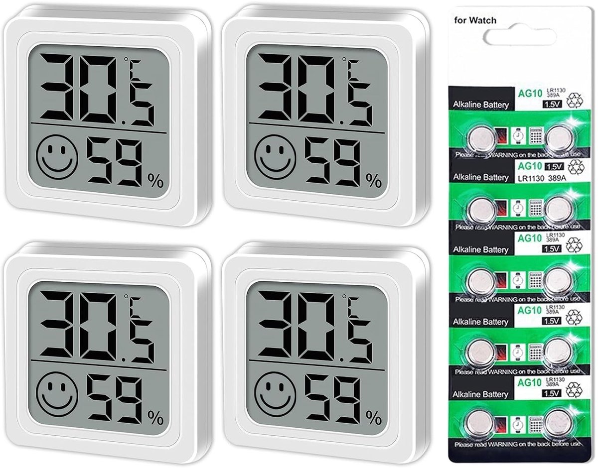 Digitale Thermometer en Hygrometer Set met Mini LCD Scherm voor Kinderen, Woonkamer en Kantoor - 4 Stuks met 10 Knopcelbatterijen