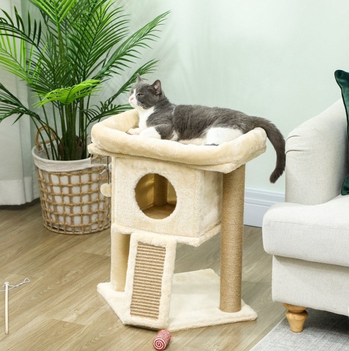 MODFU - Krabpaal - Jute Krabmat En Huisje - Met Ligplatform - Beige - 40 X 40 X 57 Cm