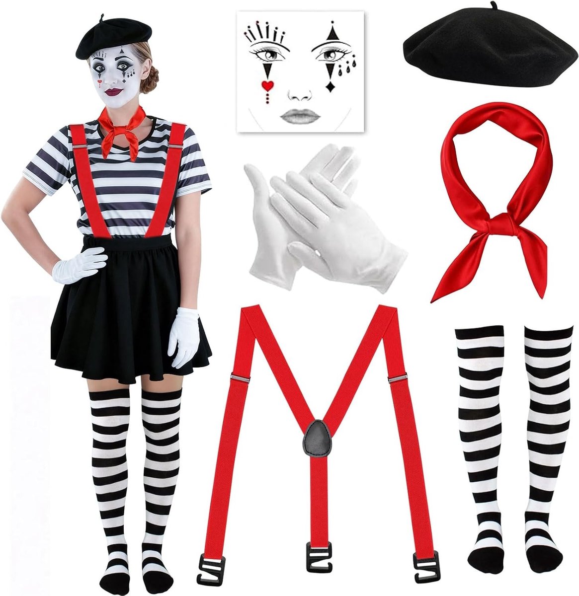 Pantomime Kostuum voor Mannen en Vrouwen - Carnaval Outfit met Beret, Sjaal, Handschoenen en Tattoosokken voor Clowns en Theatervoorstellingen