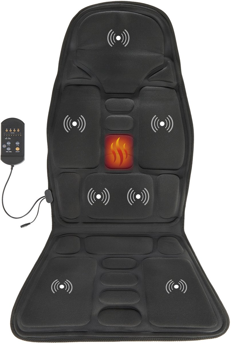 VITALmaxx Massagemat, massagezitkussen met schakelbare warmte, 4 intensiteiten en 8 programma's, massagezitkussen voor dijen, onder- en bovenrug, massagekussen met afstandsbediening