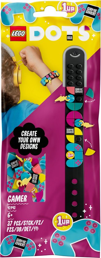 LEGO® DOTS Gamer - armband met bedeltjes 41943 knutselarmbandset; leuk verjaardagscadeau voor kinderen die graag gamen; sieradenontwerpset met bliksembedeltjes voor kinderen vanaf 6 jaar (37 onderdelen)