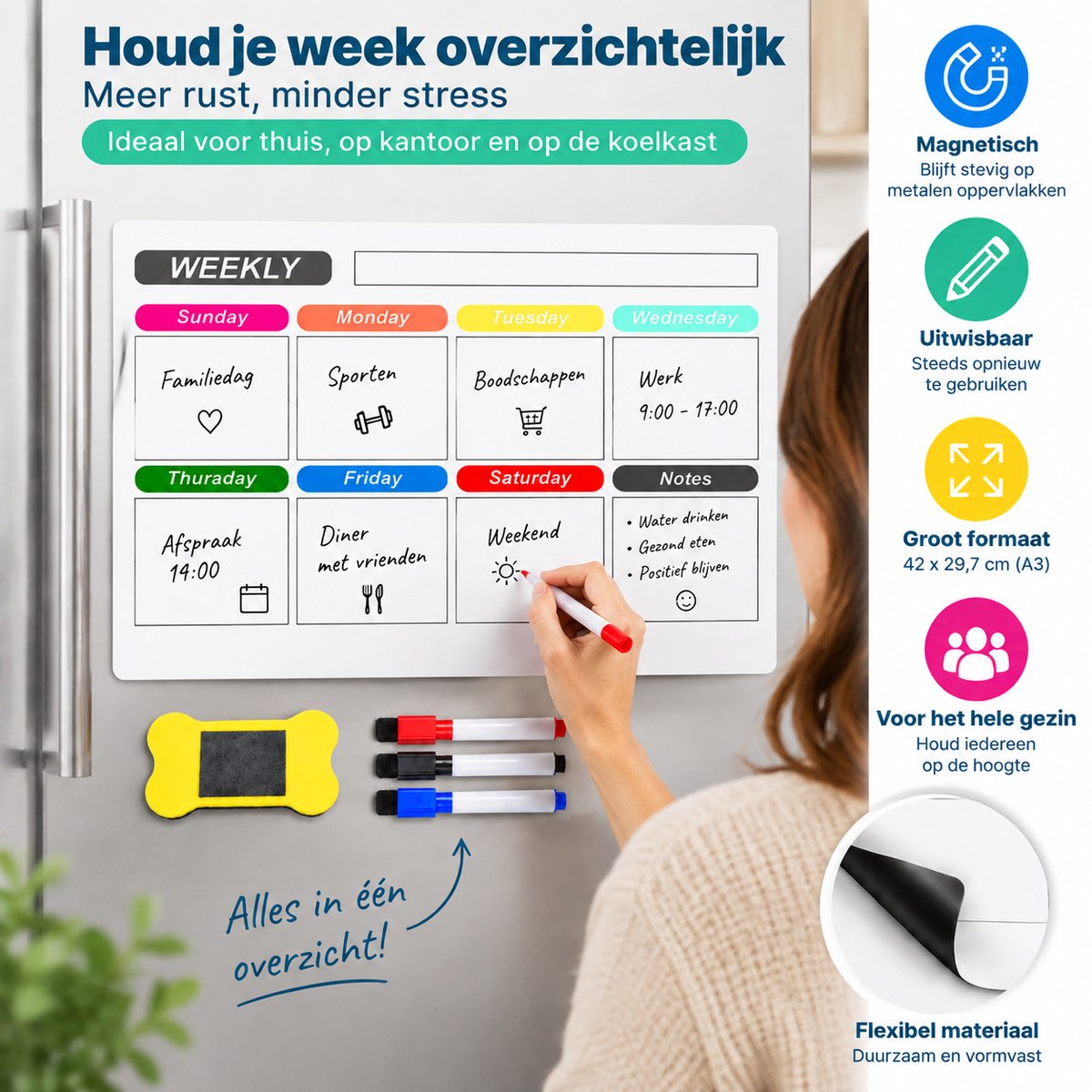 Magnetische Weekplanner Whiteboard - A3 Formaat - Familieplanner & Gezinsplanner - Planbord voor Koelkast - To Do Planner - Planbord voor Thuis en Kantoor - Inclusief 3 Markers en Wisser — cadeau in Kalenders & Planners - foto 6