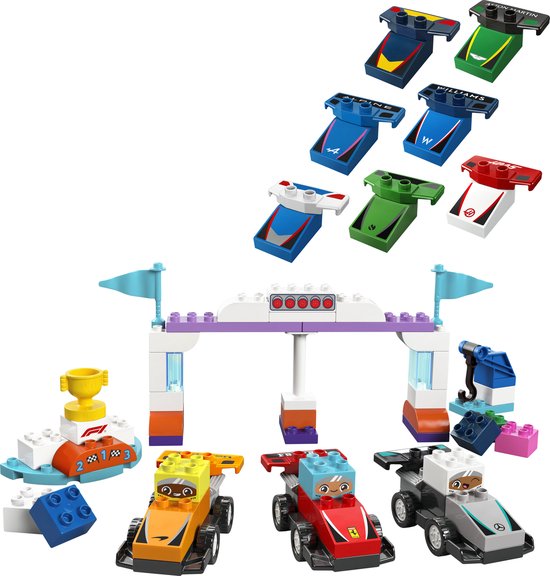 Portail de départ/arrivée F1 LEGO DUPLO, trophée, 3 voitures de course, 3 pilotes et 8 pièces d'équipe F1.