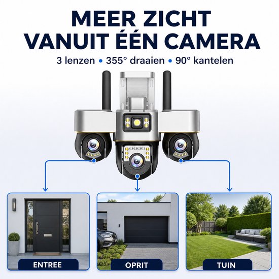 Narvie Wifi Beveiligingscamera Buiten - 6MP - 3 Lens PTZ Camera - 360° Zicht - Nachtzicht - IP66 - Live Meekijken via App van Merkloos — afbeelding 2