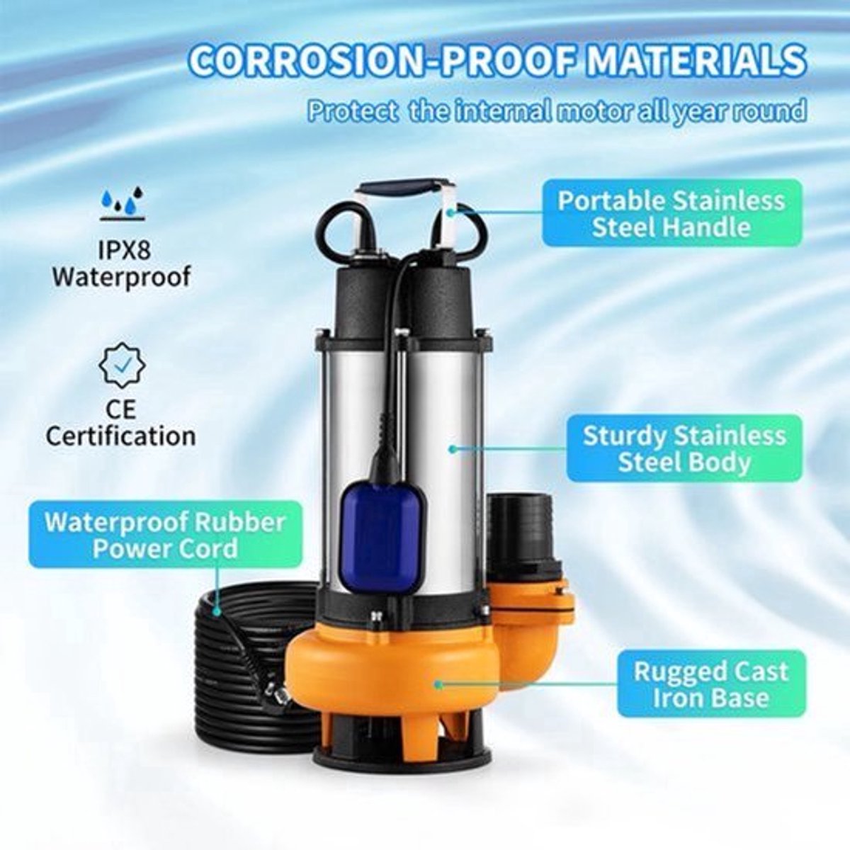 Afvalwaterpomp - Dompelpomp - Schoonwaterpomp - 550W 0.75hp Voor Het Pompen Van Water Uit Zwembaden, Kelders en Hot Tubs - Zilver