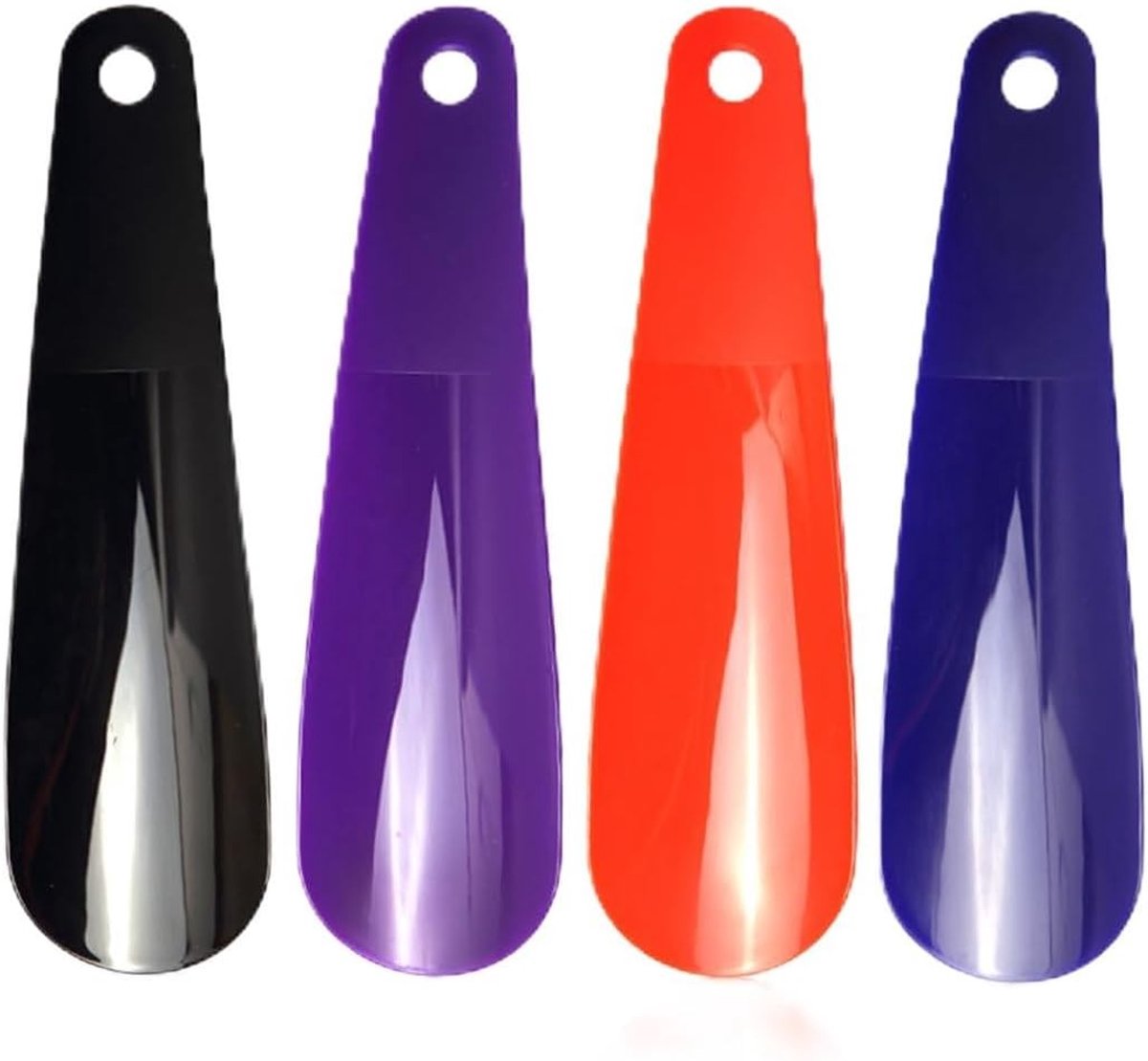 4 Stuks Duurzame Plastic Schoenlepels - Handige Mini Schoenlepel voor Diverse Schoenen en Laarzen in Zwart, Oranje, Paars en Blauw - Geschikt voor Alle Voetmaten