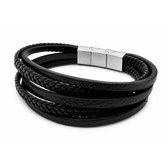 Herenarmband van zwart leer met meerdere strengen en stalen sluiting.