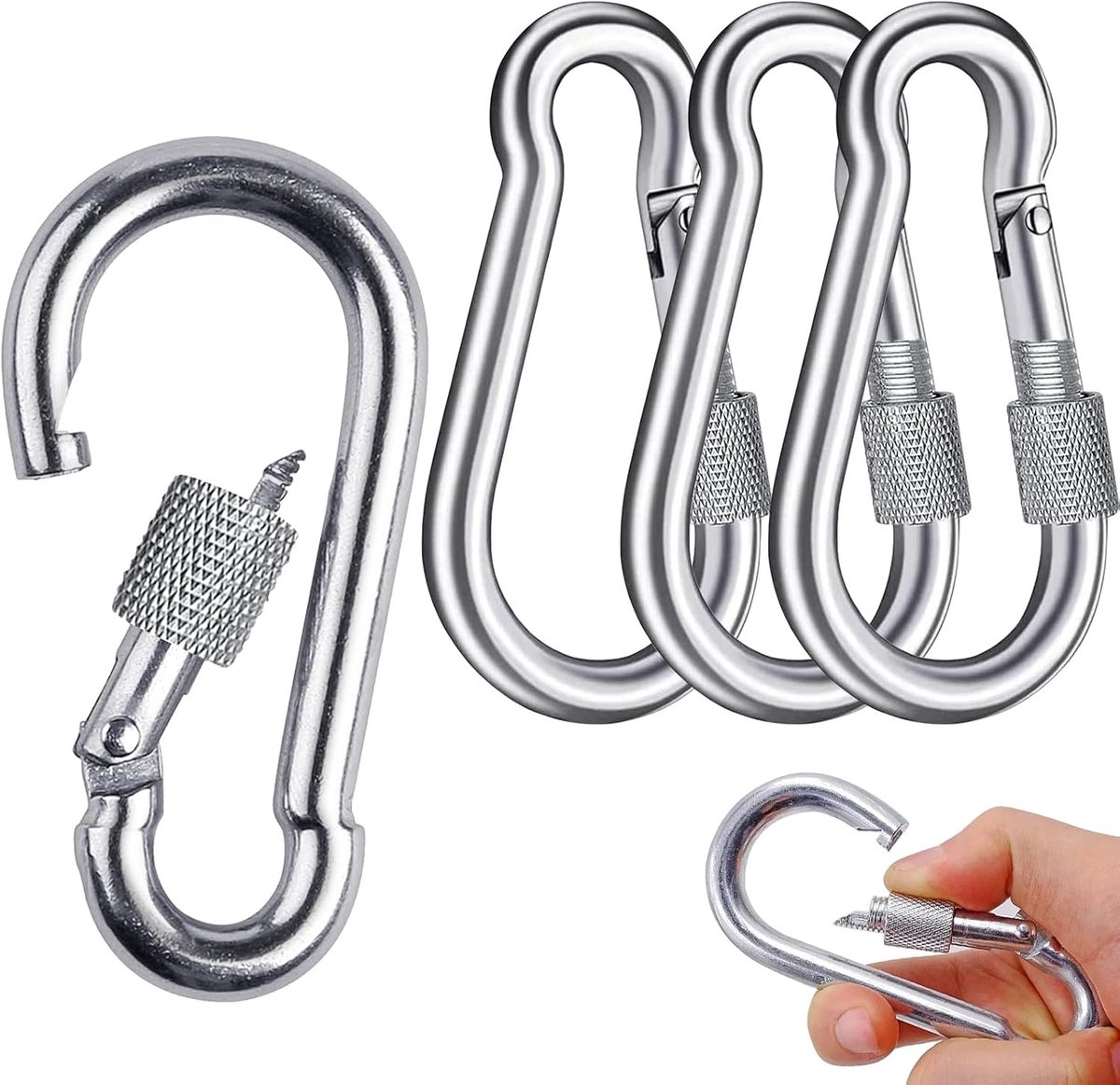 Set van 4 RVS Karabijnhaken voor Veiligheid en Outdoor Activiteiten - 200 kg Draagvermogen, Geschikt voor Hiken, Reizen en Thuisgebruik (38 x 80 mm)