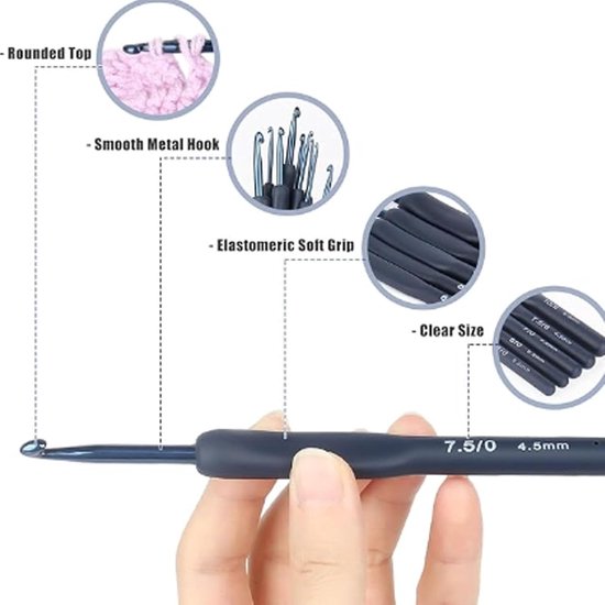 Ergonomische Haaknaalden Set van 9 Maten (2-6mm) met Zachte Handvatten voor Comfortabel Breien en Haken — afbeelding 4