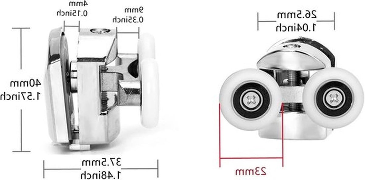 Set van 4 Douchedeur Dubbele Wielen 23mm Diameter voor Badkamer - Vervangingsonderdelen voor Rollen en Lagers