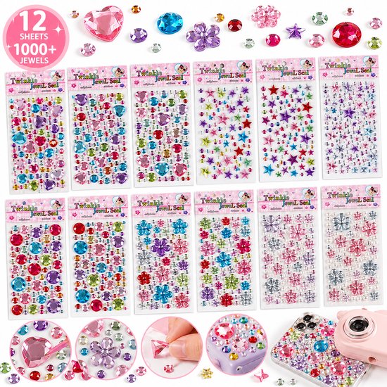 Twaalf vellen met meer dan 1000 juweelstickers in diverse vormen zoals rondjes, hartjes, bloemen en sterren, in regenboogkleuren.