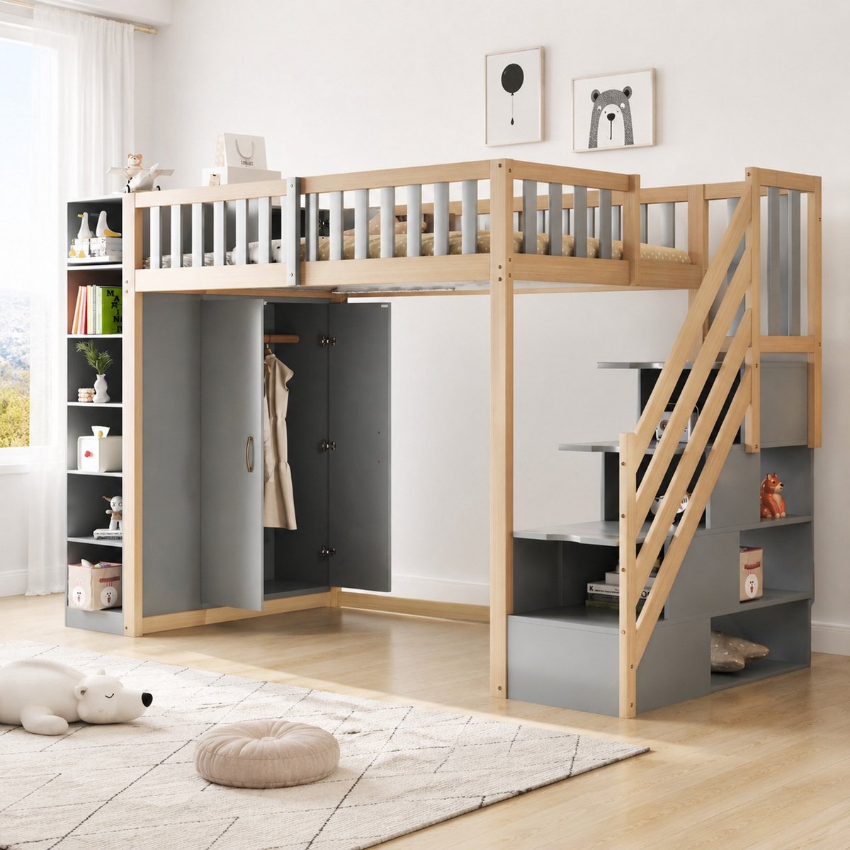 COVREO Hoogslaper met opbergruimte – Kinderbed met kledingkast – Voor kinderen – 290x96,5x173 cm – Grijs en houtkleur - zonder matras Grijs, natuurlijk hout