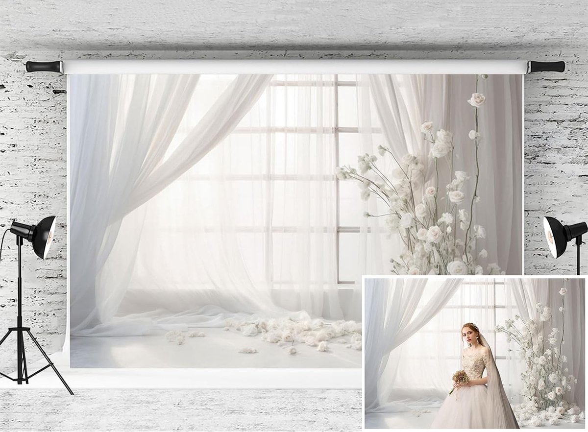 Fotobehang 2.1 x 1.5 m met Witte Gordijnen en Bloemenpatroon voor Feestjes, Portretten en Decoratie