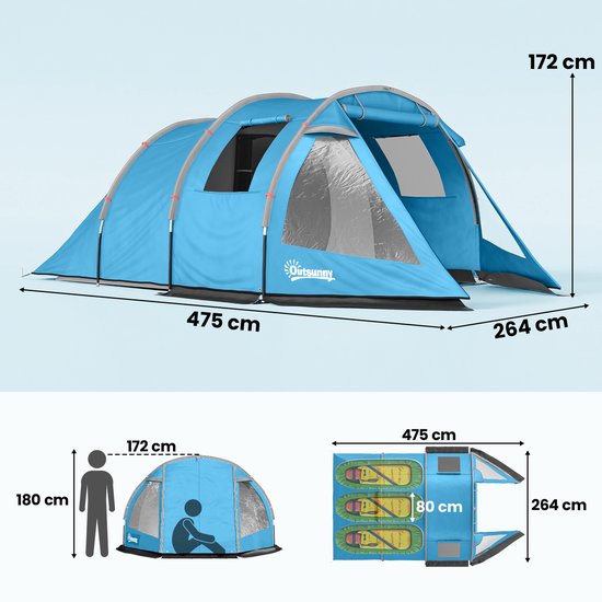 Outsunny-Campingzelt-Taft, Fiberglass-475L x 264B x 172H cm-Blau van Outsunny — afbeelding 4