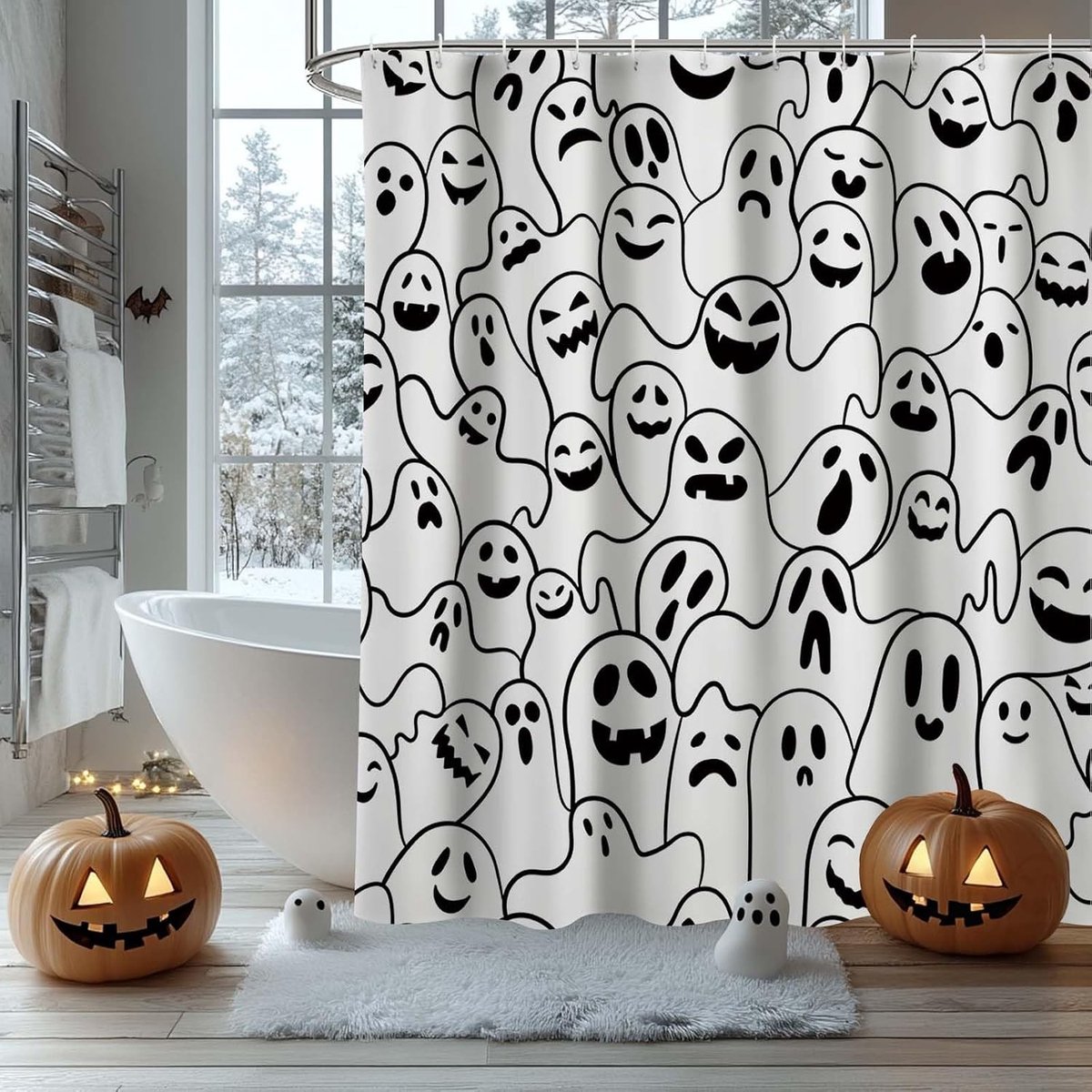Halloween Douchegordijn met Schattige Cartoon Geesten - Duurzaam Polyester, Inclusief 12 Haakjes, 180x180cm, Perfect voor Badkamerdecoratie en Feestelijke Sfeer