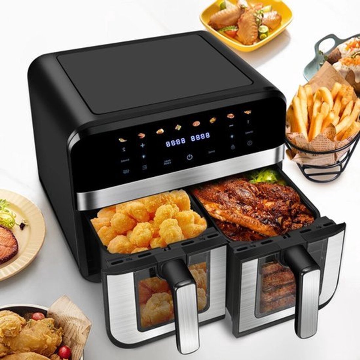 Heteluchtfriteuse – Airfryer - Airfryer Oven - 15L - Dubbele Zones - 2600W - 240V - 8 Programma’s - Dubbele Mand XL -Touch Bedieningspaneel - Kijkvenster - Zwart