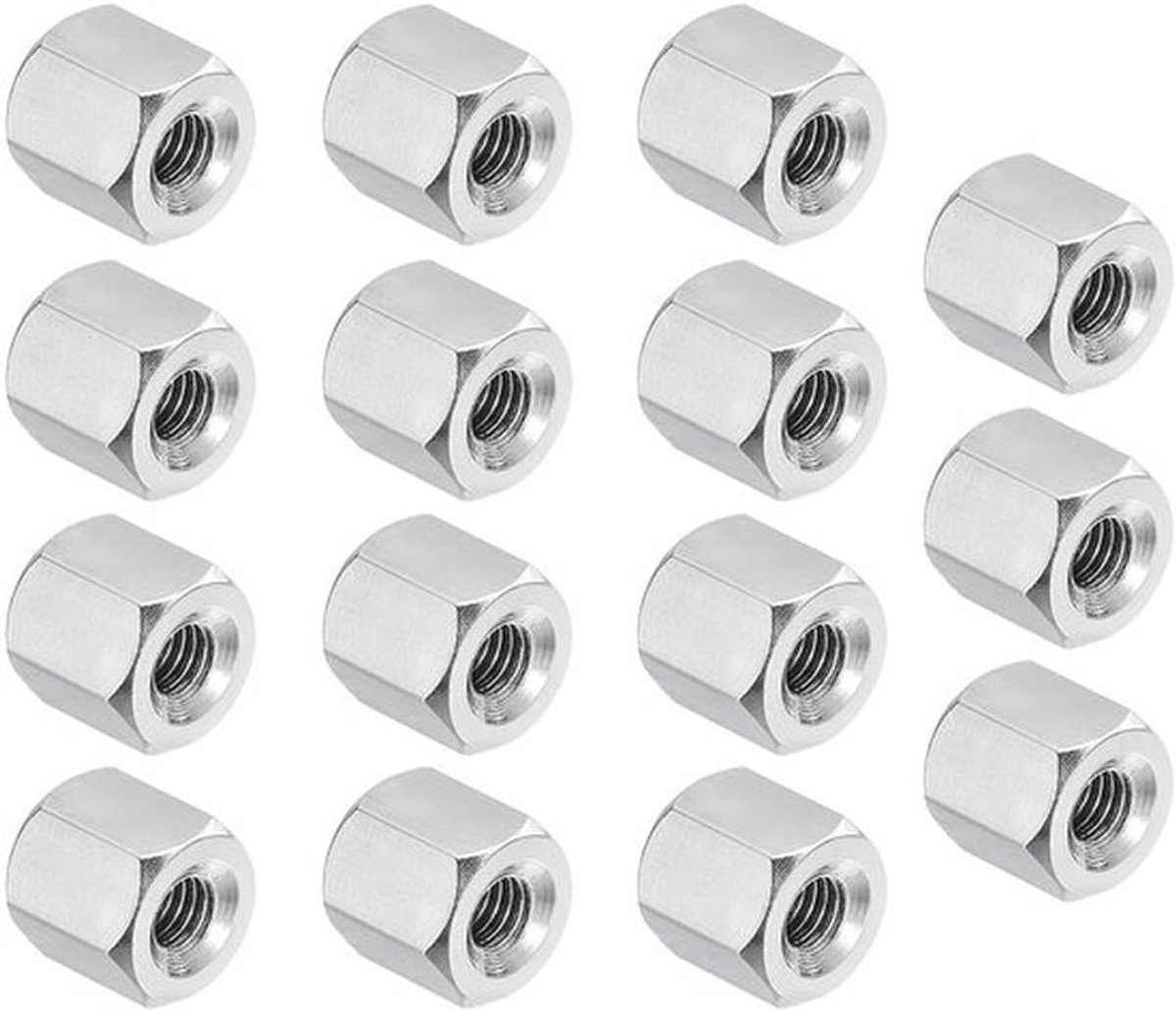 M3x0.5 spoed 304 roestvrijstalen zeskantkoppelmoeren, 15 stuks, 6 mm/0,24 inch lang, dikke volledig schroefdraad, koppelmoeren, verbindingsstukken.