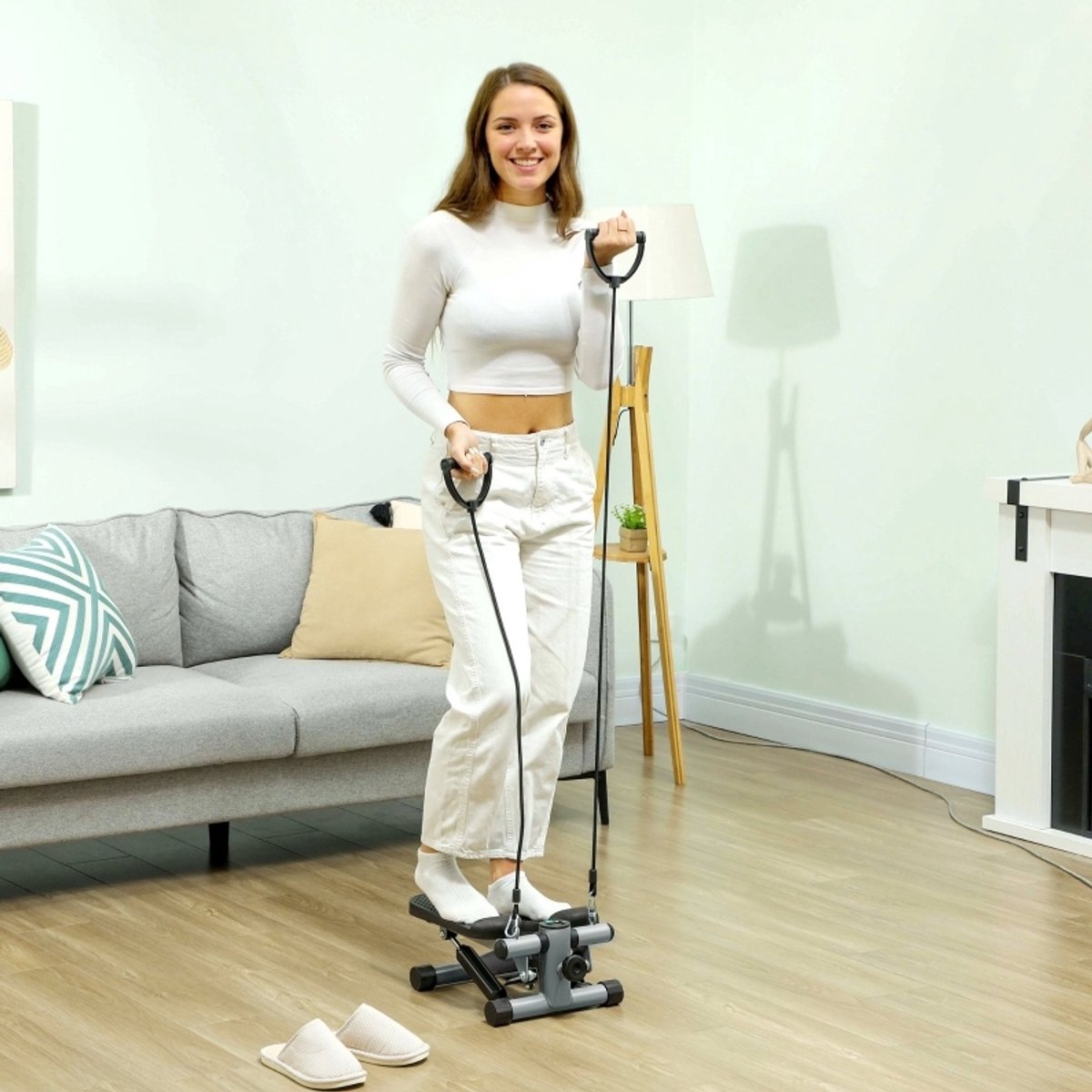 2-in-1 mini-stepper met afneembare weerstandsbanden – Stepper met LCD-display en verstelbare intensiteit – hometrainer voor thuis of kantoor – 41 x 30,5 x 18,5 cm – grijs