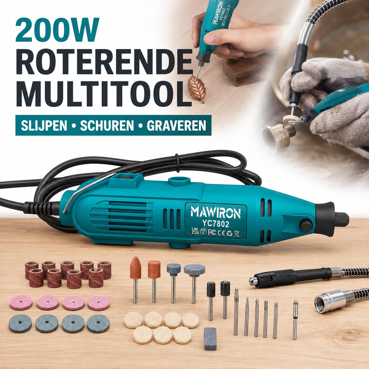Elektrische Multitool met Snoer – 200W Mini Slijpmachine en Graveermachine – 6 Standen, Flexibele As en Accessoires voor Hout, Metaal en DIY