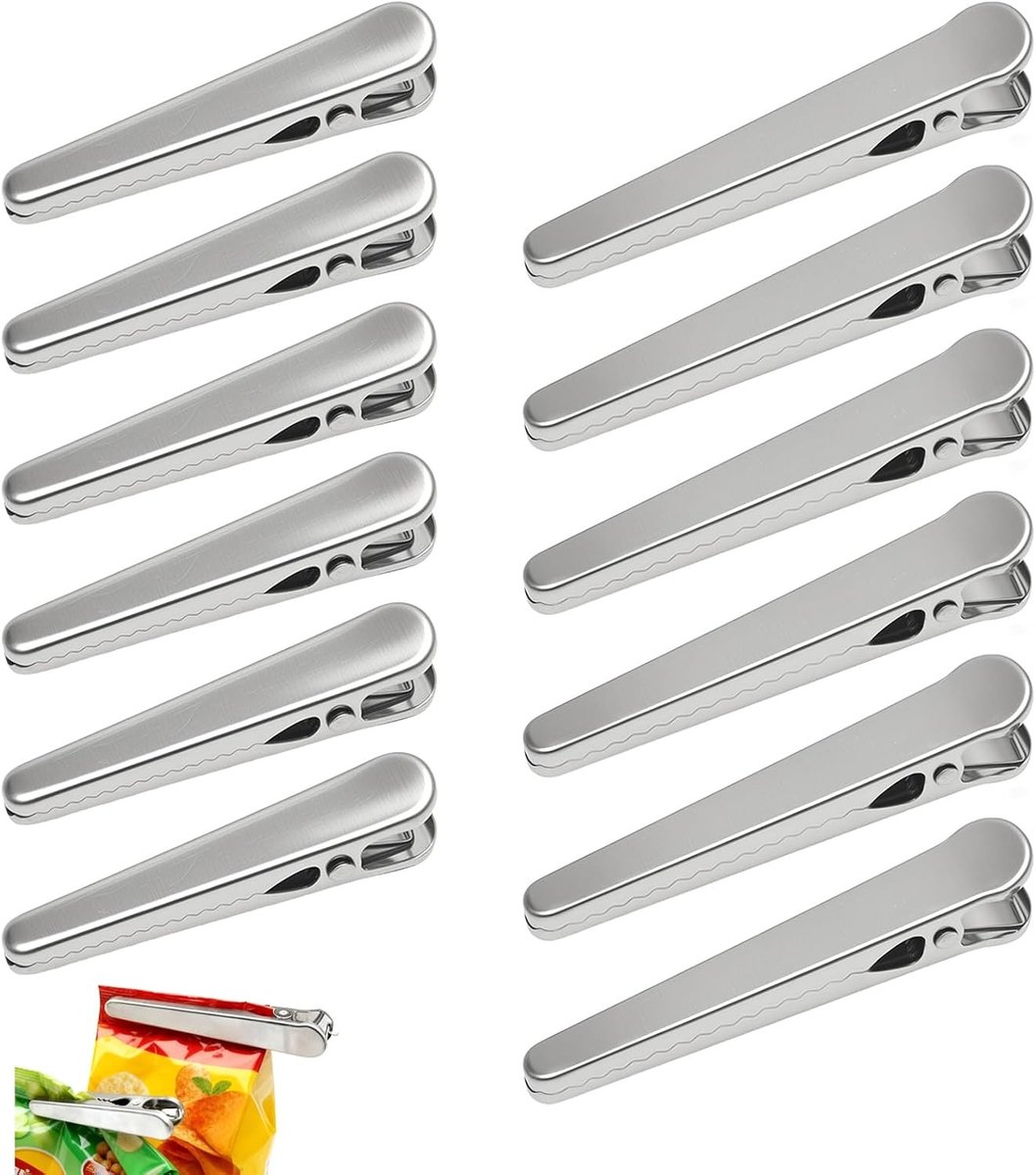Set van 12 Sluitclips, RVS Klemmen, 6 Grote en 6 Kleine Pocket Klemmen voor Voedsel, Koffie, Brood en Campinggebruik
