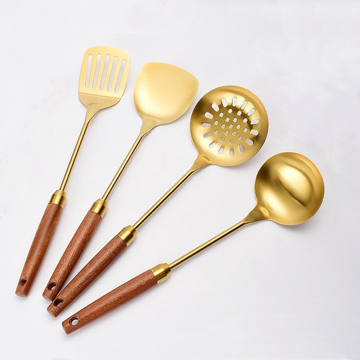 4-delige keukengereedschappen set, roestvrij staal, wokspatel, pollepel en spatels met houten handvatten, vaatwasmachinebestendig, perfect voor koken en bakken