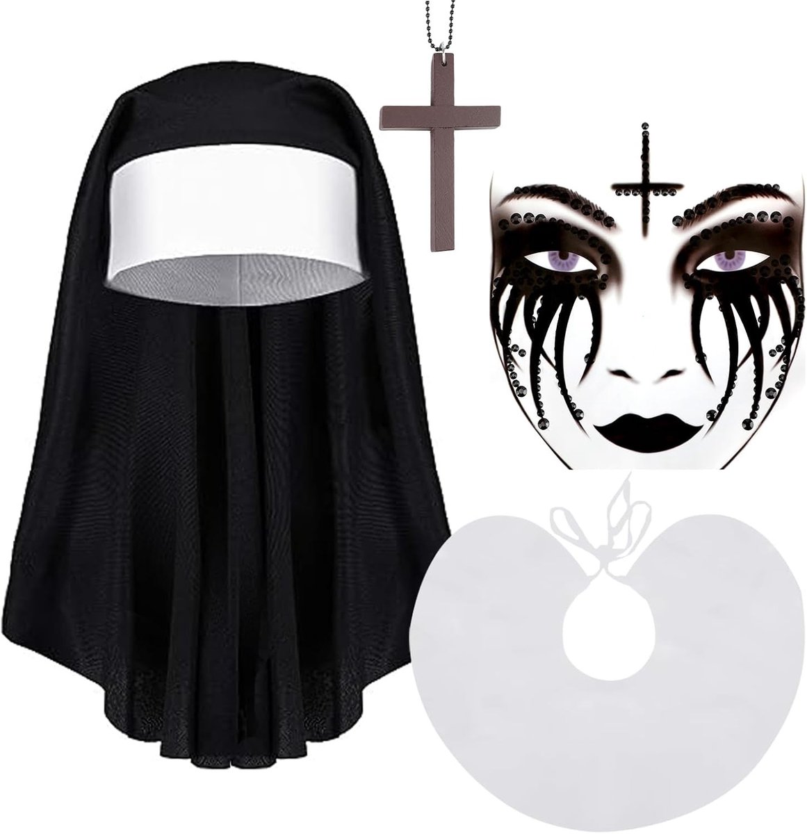 Nonnenkostuum met Hoed, Kraag, Ketting en Kruis Tatoeages voor Halloween Feestjes
