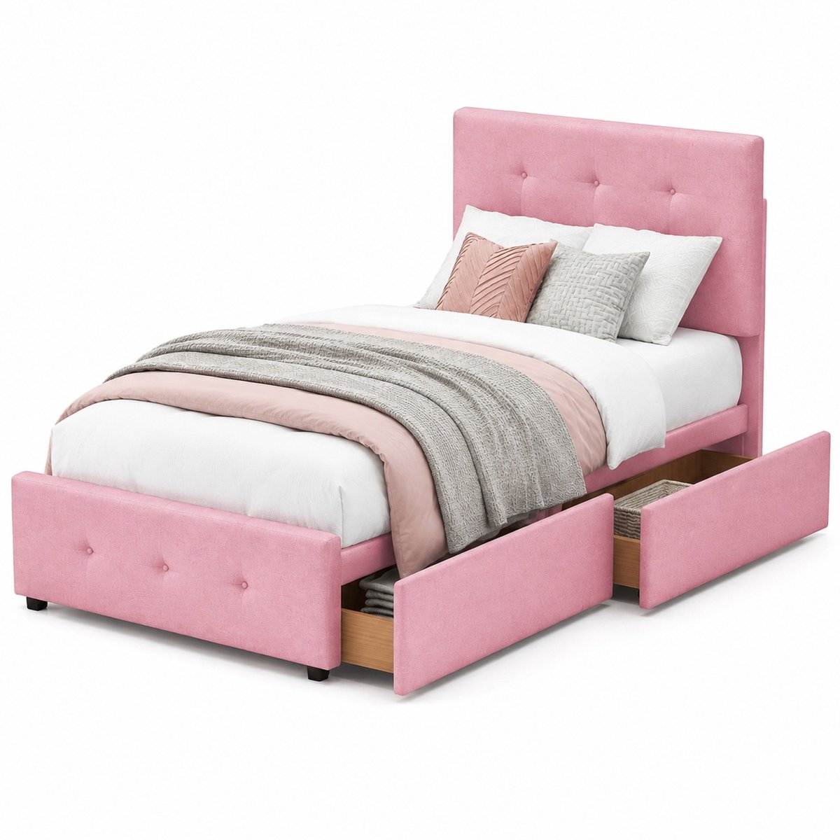 WUVRIE Gestoffeerd bed 90x200 cm met lattenbodem, hoofdbord en opberglade, roze