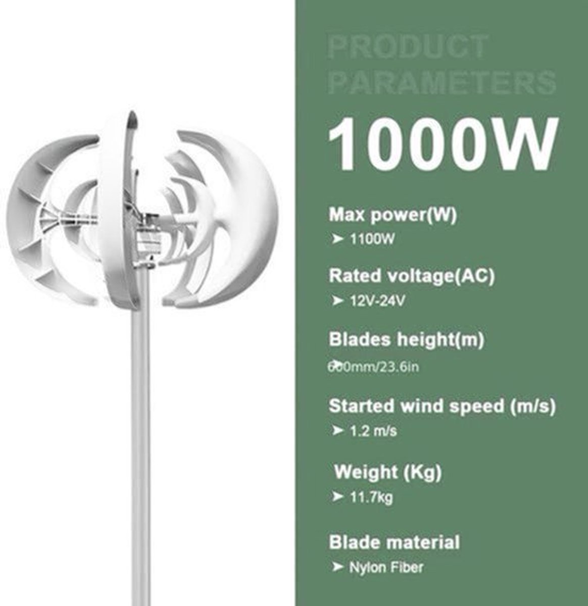 Windmolen – Windturbine – Windgenerator – Windenergie – Verticale As – 1000W Vermogen – MPPT Controller Inclusief