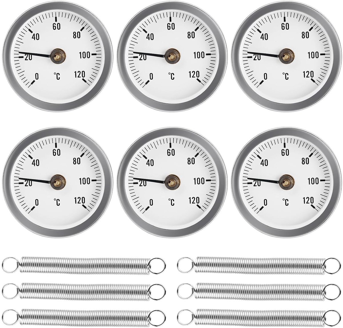 Set van 6 bimetallische thermometers voor aanlegplaatsen, 63 mm, 0-120 °C, ideaal voor verwarmingssystemen en boilers, met clip-on veer voor eenvoudige bevestiging