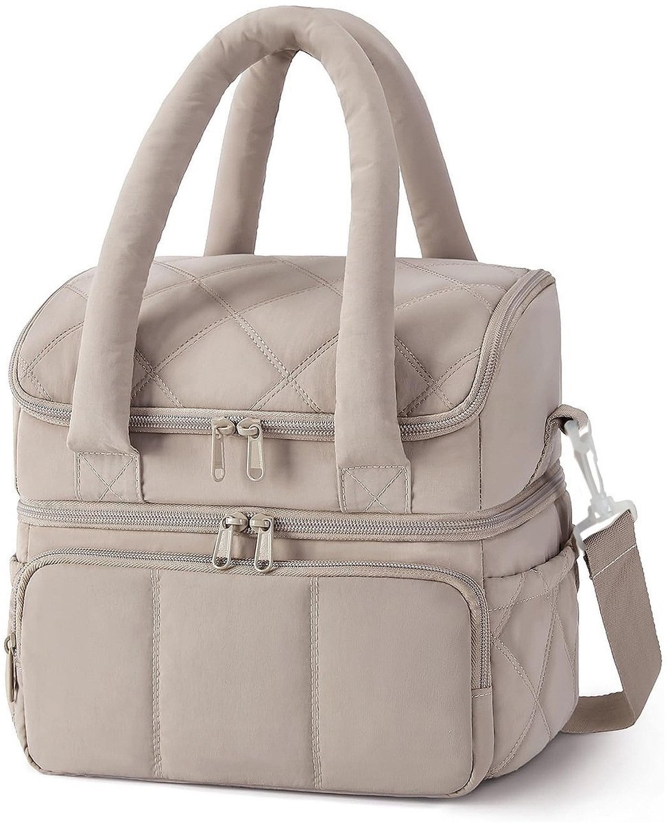 Casalora® Geïsoleerde Lunchtas 2-Laags – Gewatteerde Puffer Lunch Bag – Dubbel Compartiment – Thermische Koeltas – Picknicktas voor Werk, School en Onderweg – Bruin