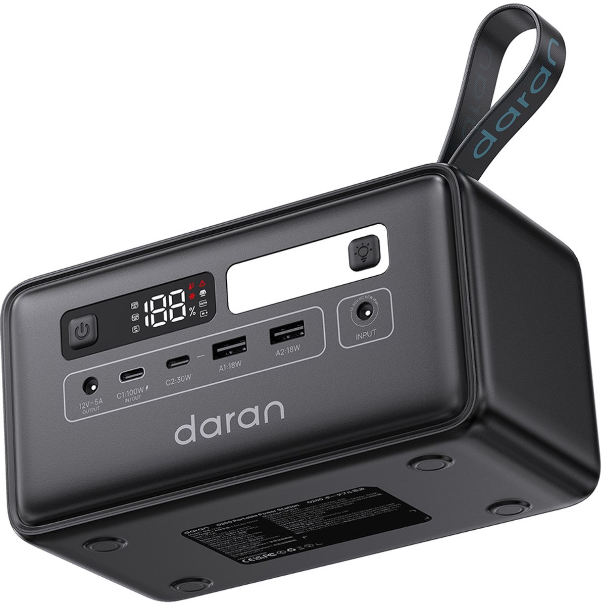 DaranEner Q200 draagbaar powerstation, 192Wh LiFePO4-batterij, 100W bidirectionele USB-C, twee 18W USB-A-poorten, 60W DC-uitgang, 100W ingang, 60W zonne-energie-ingang, LED-verlichting, voor kamperen en buitengebruik.
