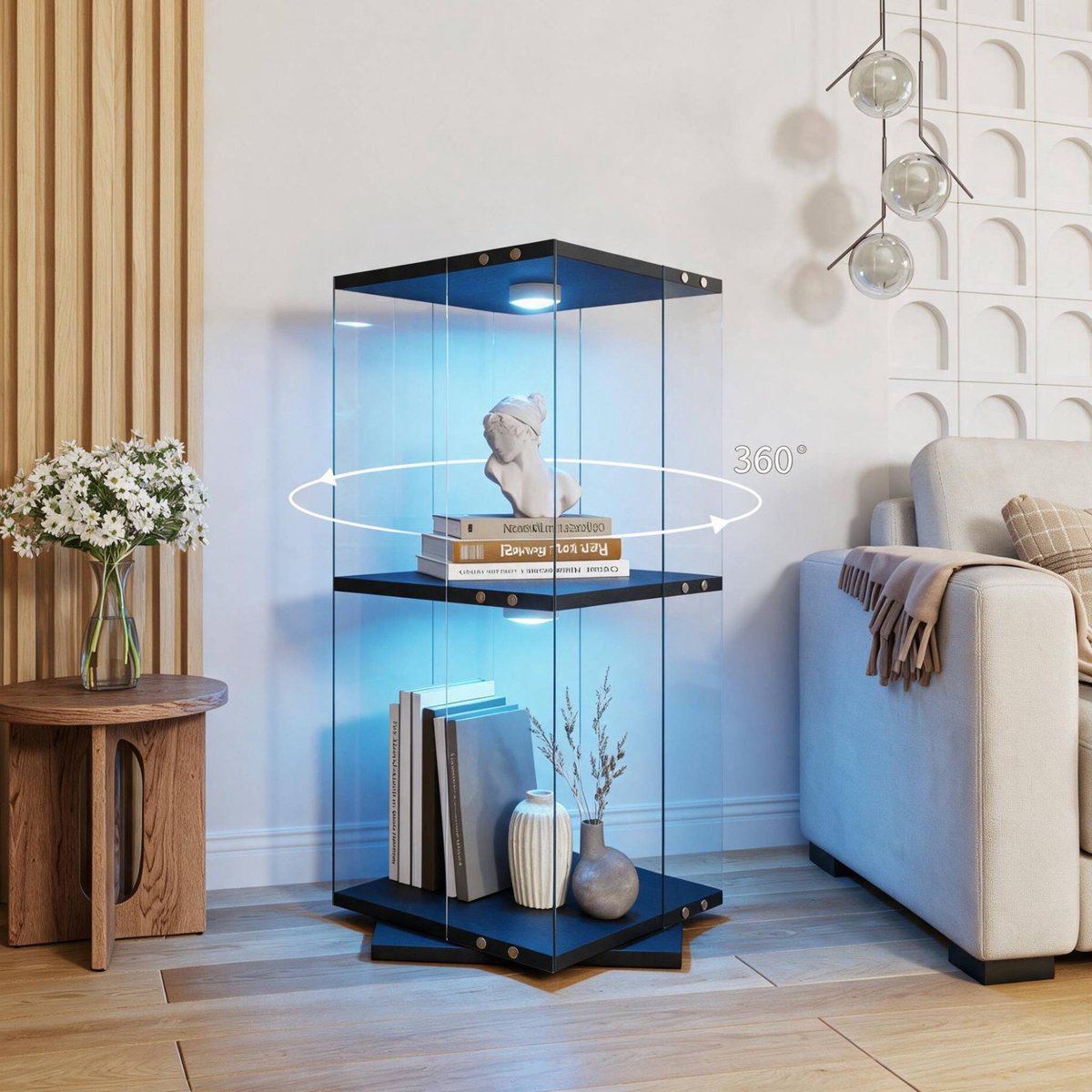 Vitrinekast in glas met LED‑verlichting, 360° draaibare staande vitrine met 2 legplanken, ESG‑veiligheidsglas, voor woonkamer en bar, 82 x 38 x 38 cm, zwart