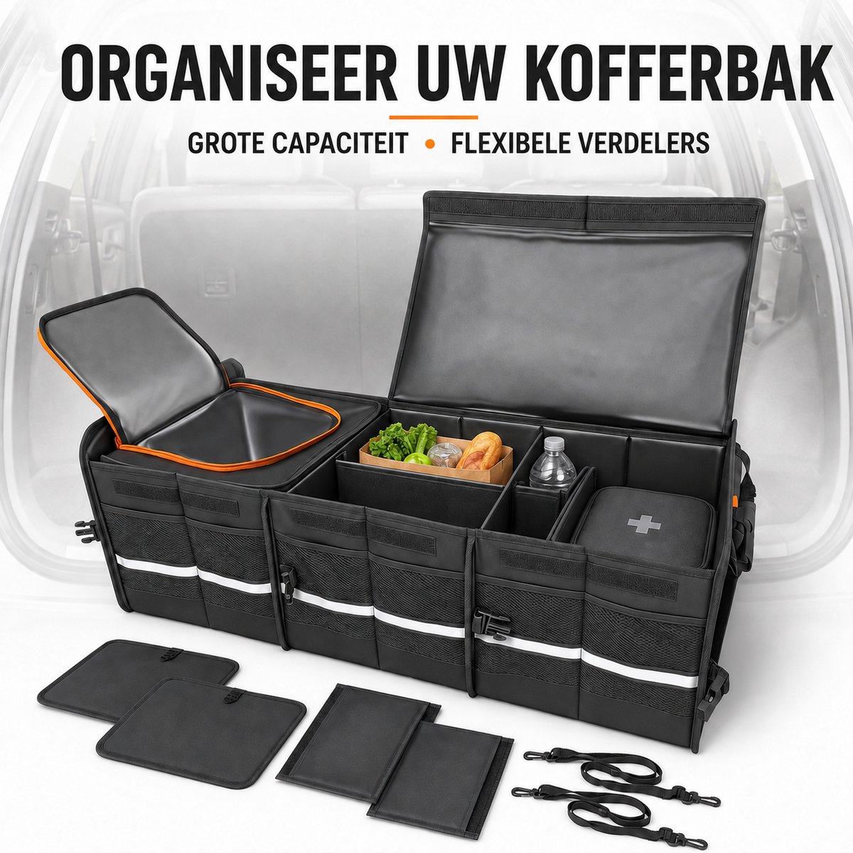 Kofferbak Organizer XXL – Opvouwbare Auto Organizer met Geïsoleerd Koelvak, Waterdichte Stof, 3 Verstelbare Compartimenten en Opbergvakken – Voor Boodschappen, Reizen en Camping