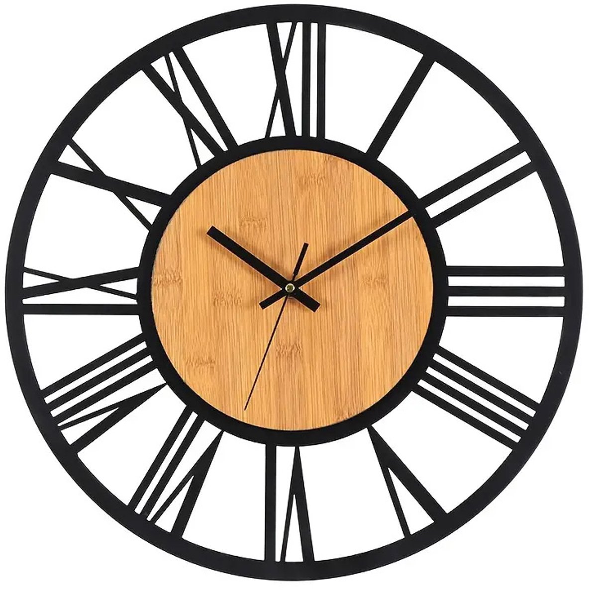 MODFU Wandklok – 60 cm Groot Formaat – Modern Design met Romeinse Cijfers – Stille Quartz Uurwerk – Woonkamer & Keuken – Hout en Metaal – Zwart