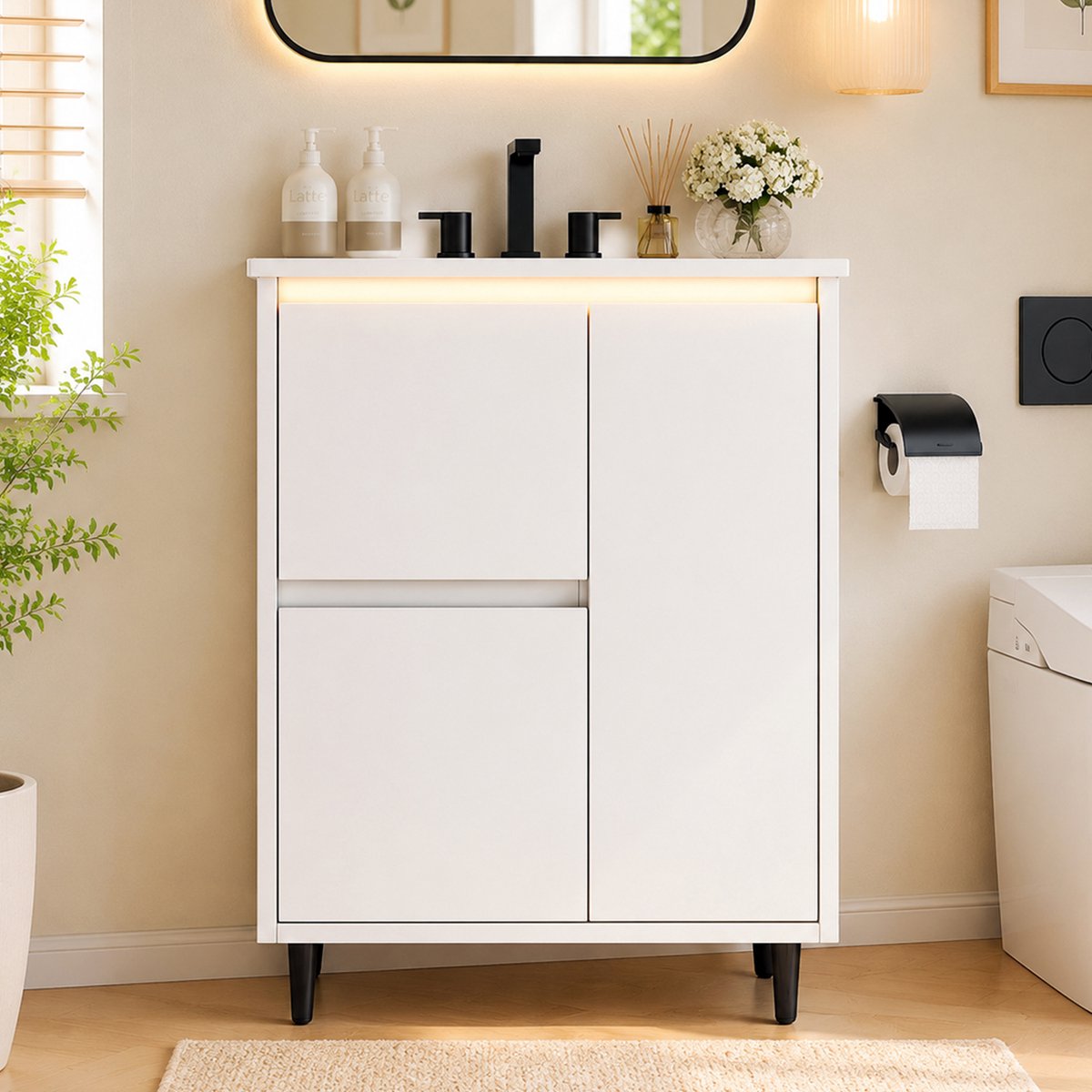 COVREO Badkamermeubel met 2 lades en 1 deur – 61x46,5x87 cm – Waschtisch van MDF en keramiek – met soft-close – Wit