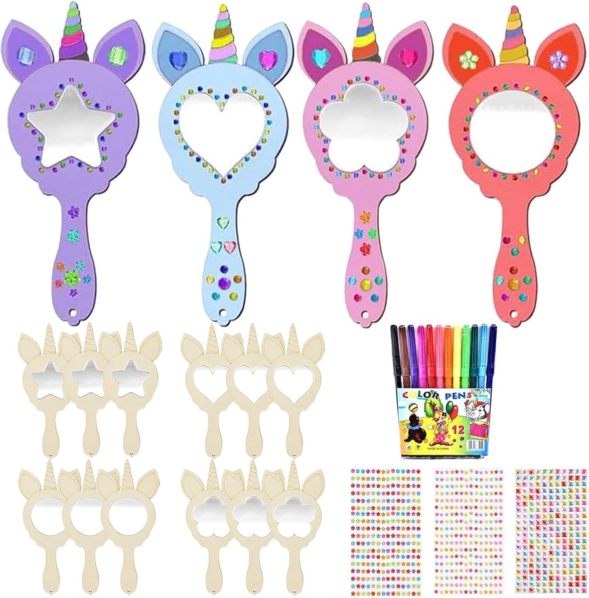 Set van 12 Eenhoorn Spiegels van Hout voor Creatieve DIY Projecten voor Kinderen - Perfect voor Verjaardagsfeestjes en Schilderen