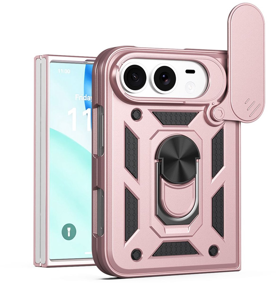 MobyDefend Hoesje - Geschikt voor iPhone Fold - Pantsercase Met Draaibare Ring - Rosé