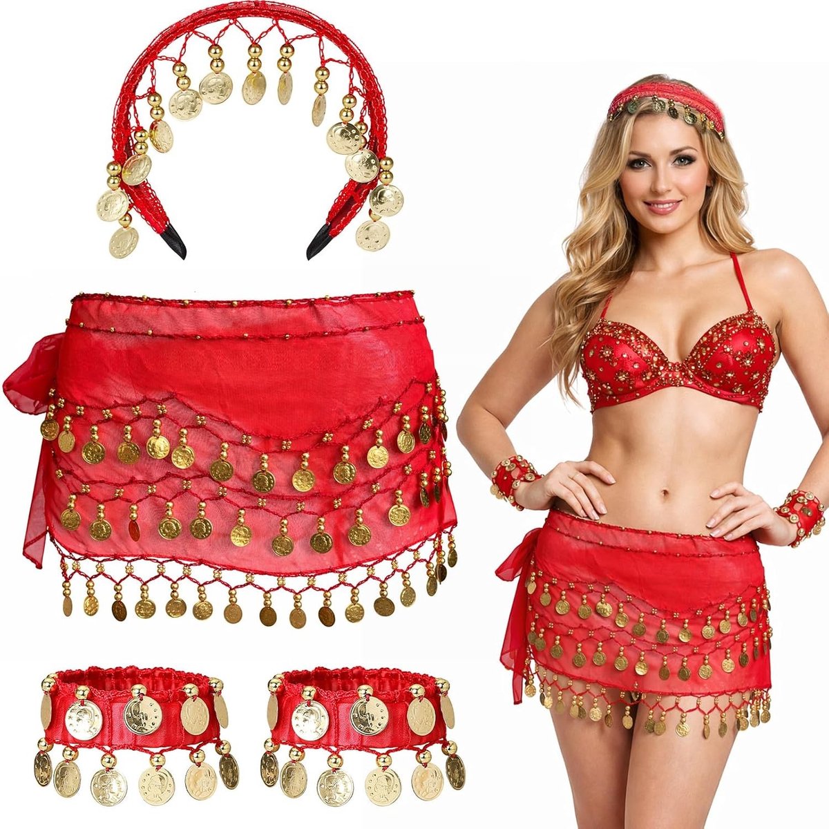 Belly Dance Kostuum Accessoires Set met Muntarmbanden, Haarband voor Dans, Zumba en Yoga Klassen