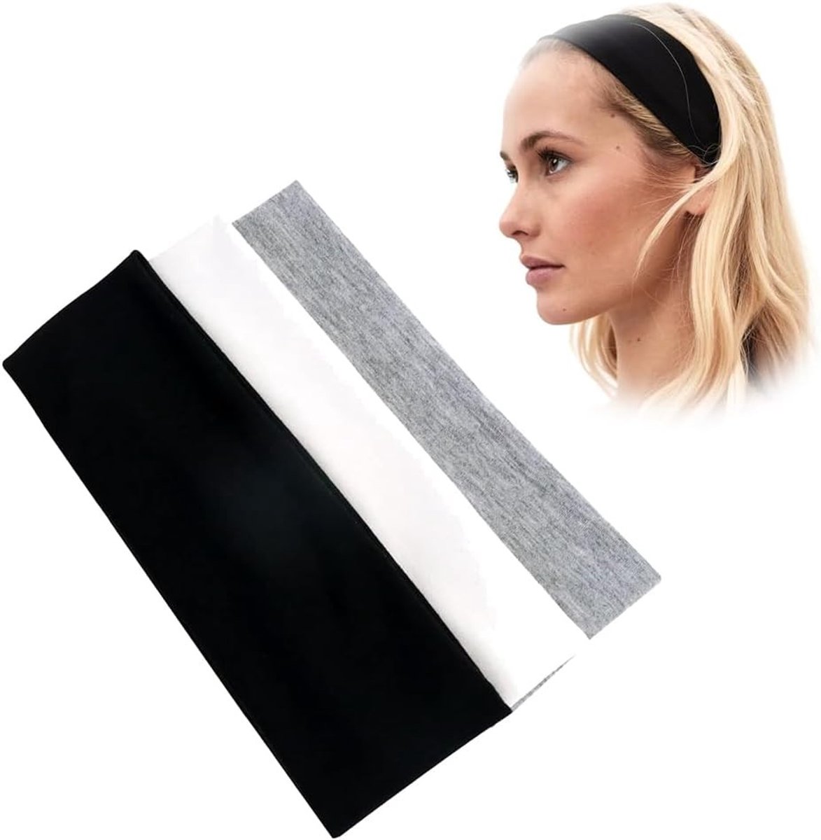 Set van 3 Elastische Yoga Haarbanden, Antislip Sportbanden voor Mannen en Vrouwen, Perfect voor Hardlopen, Training en Fitness (Zwart, Wit, Lichtgrijs)