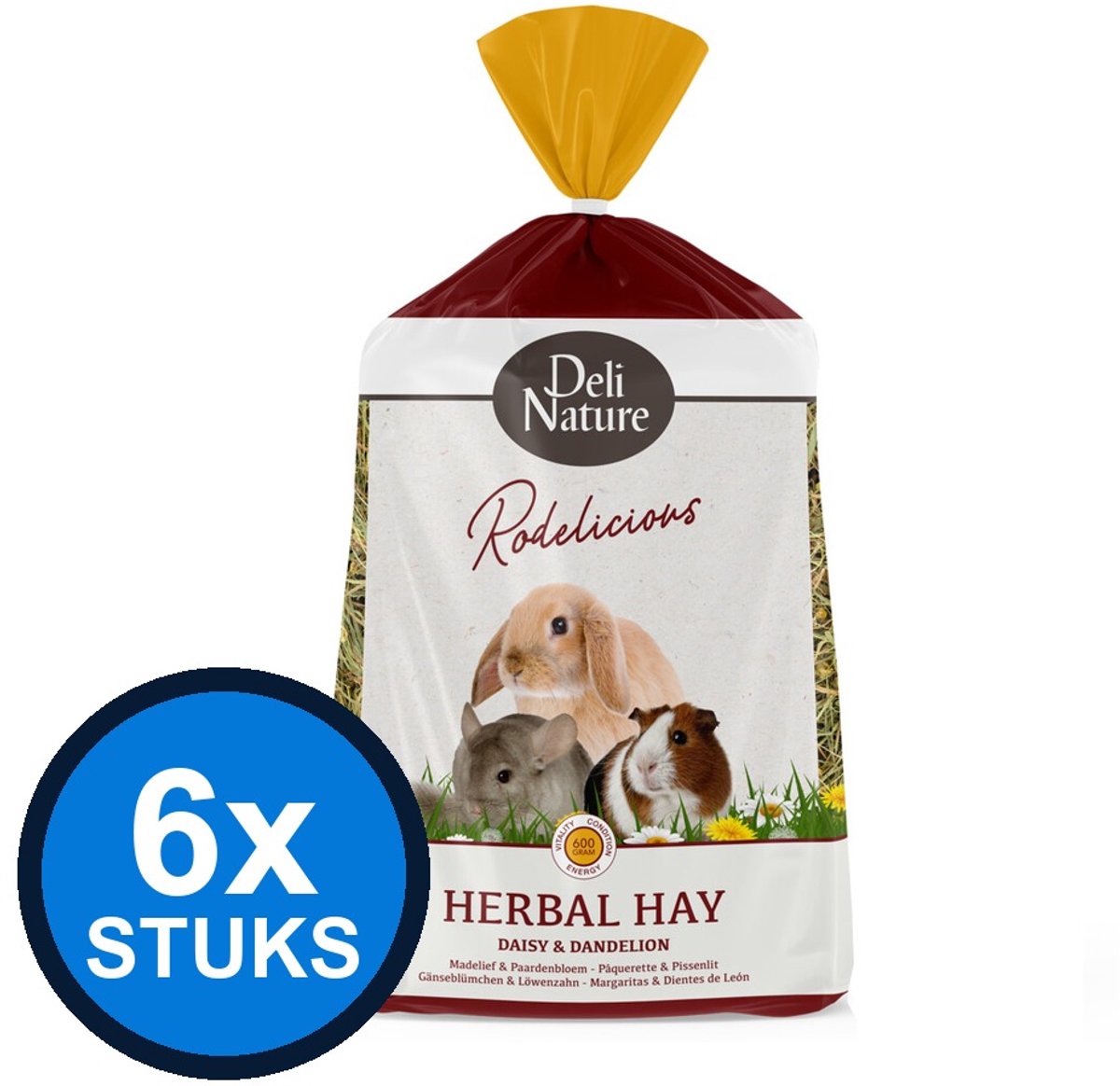 6x Deli Nature Rodelicious Kruidenhooi Madelief & Paardenbloem - Knaagdierhooi - 600g
