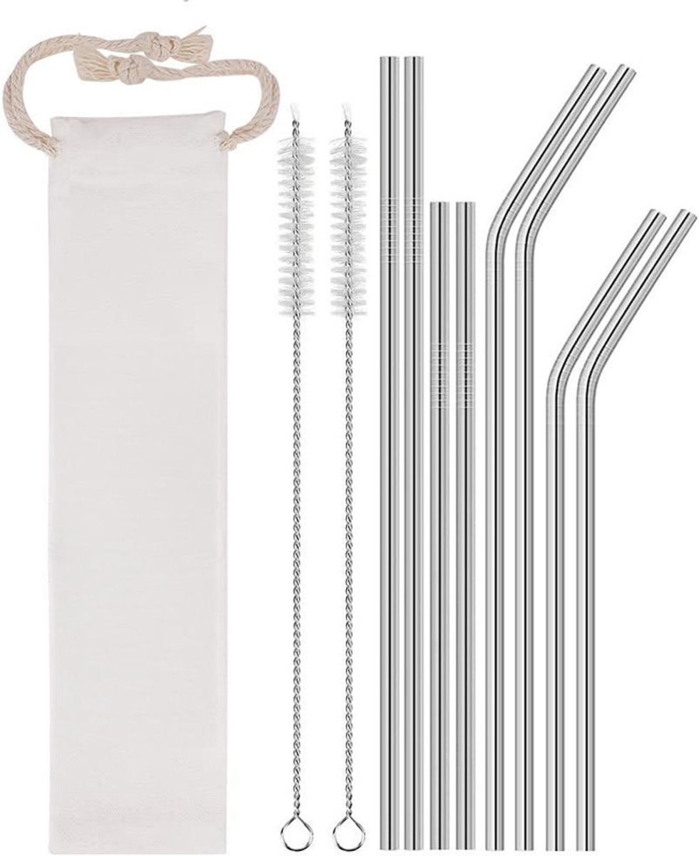 Set van 10 herbruikbare roestvrijstalen rietjes, lange metalen rietjes, schoonmaakborstel, afwasbaar, geschikt voor sappen en dranken, 265 mm/215 mm, twee soorten beschikbaar: recht en gebogen (zilver)