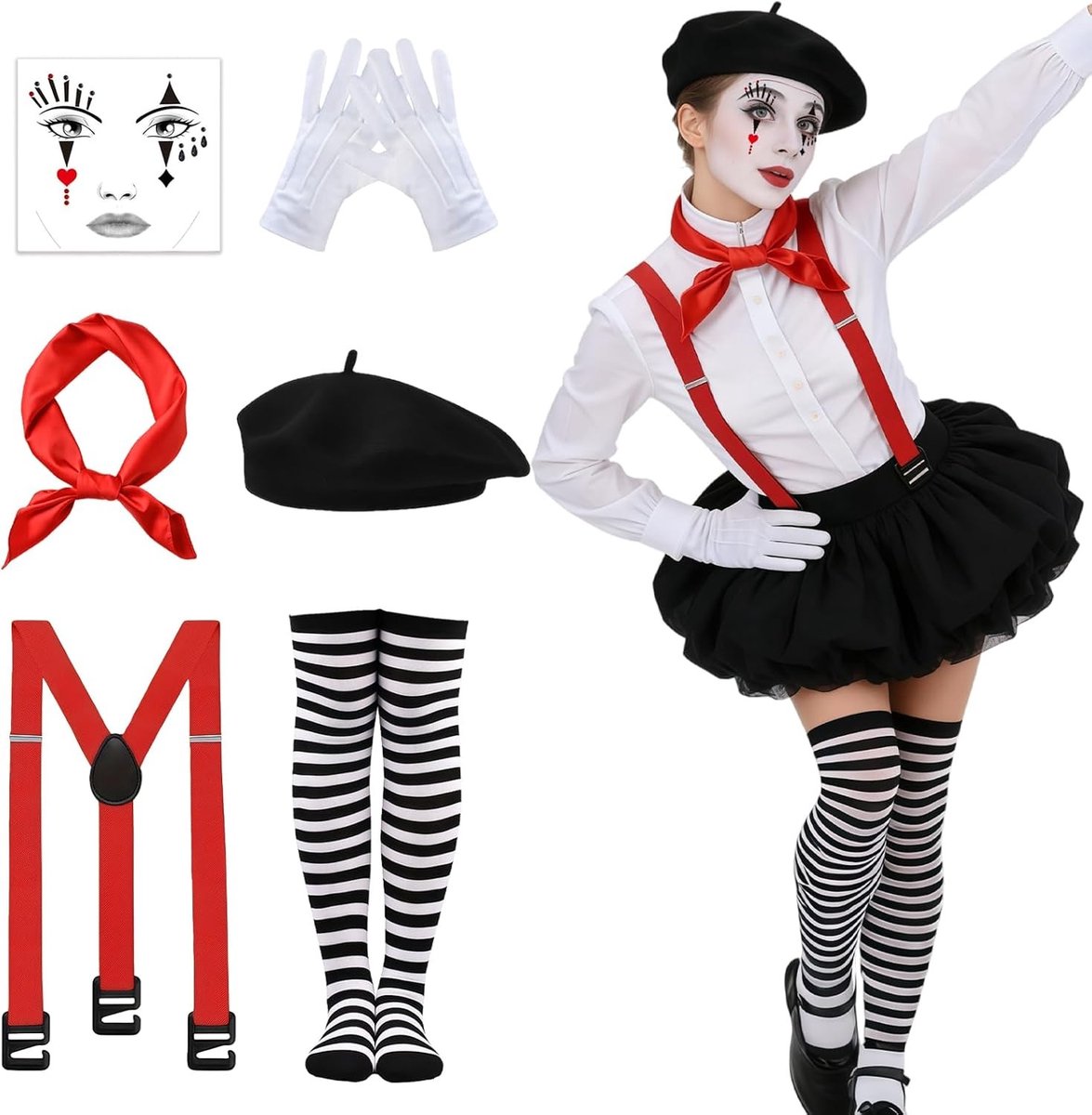 Frans Mime Kostuum voor Volwassenen, Pantomime Outfit, Carnaval, Halloween, Feestkleding en Accessoires