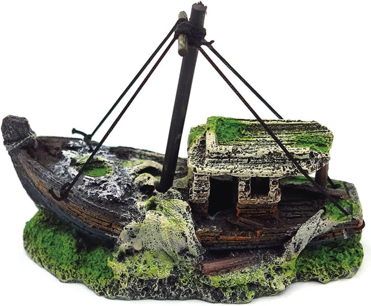 Realistische aquariumdecoratie met schepen van hars, ideale schuilplaats voor vissen en garnalen, 5,5 x 12 x 8 cm, perfect voor aquascaping en onderwaterlandschap