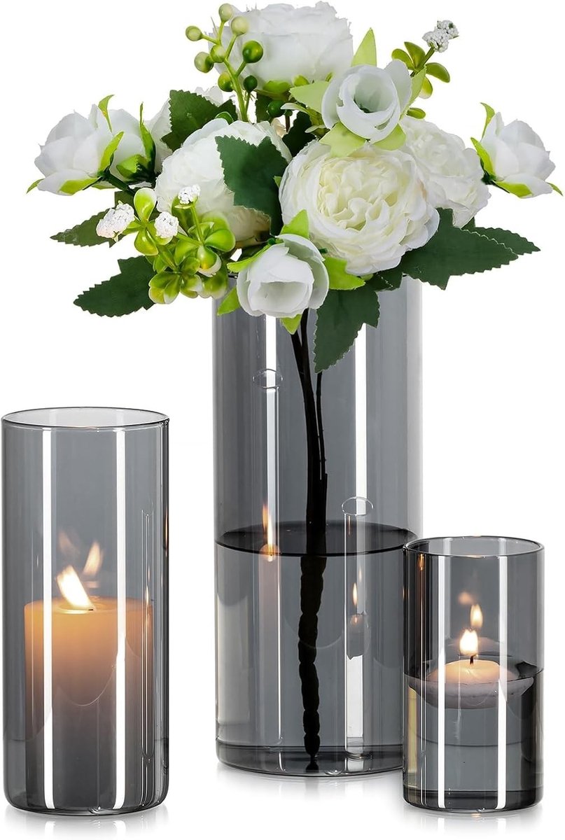 Moderne Glazen Cilinder Vazen Set van 3 - Decoratieve Vazen voor Bloemen, Tafeldecoratie en Kaarsenhouders in Grijs (3.9/5.9/20cm)