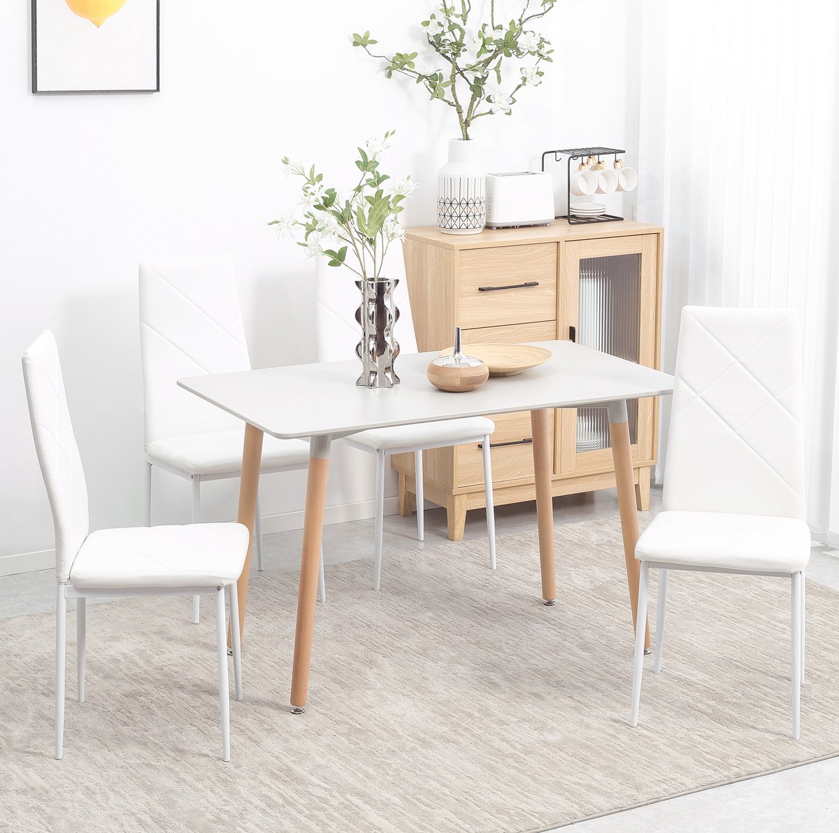 DESMIU Eetkamerstoel Set Van 4 - Gepolsterd Kunstleer Met Hoge Rugleuning En Diamantstiksel - Voor Eetkamer Keuken En Woonkamer - Metaal - Wit