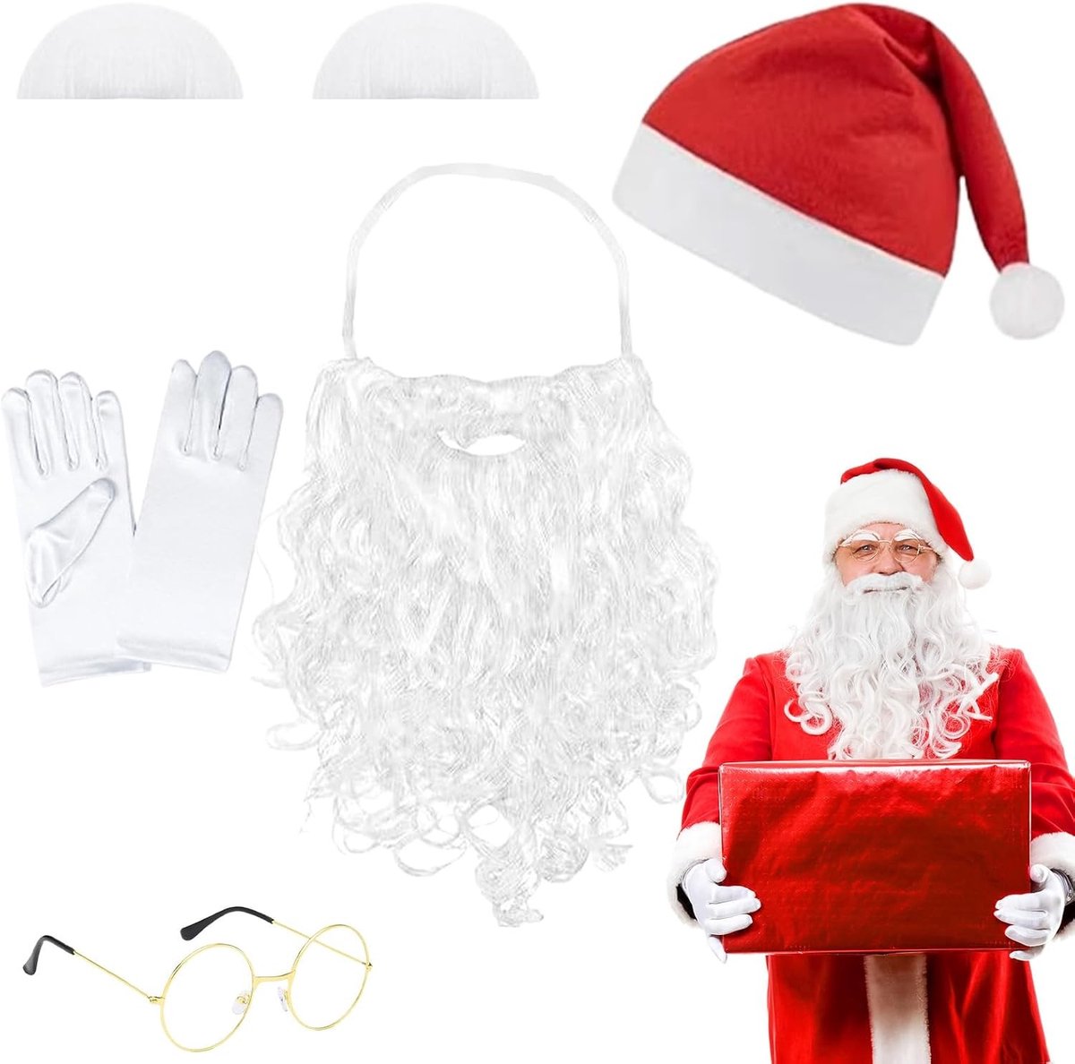 Kerstman kostuum voor volwassenen met muts, handschoenen, bril en baard voor feestelijke cosplay en kerstvieringen