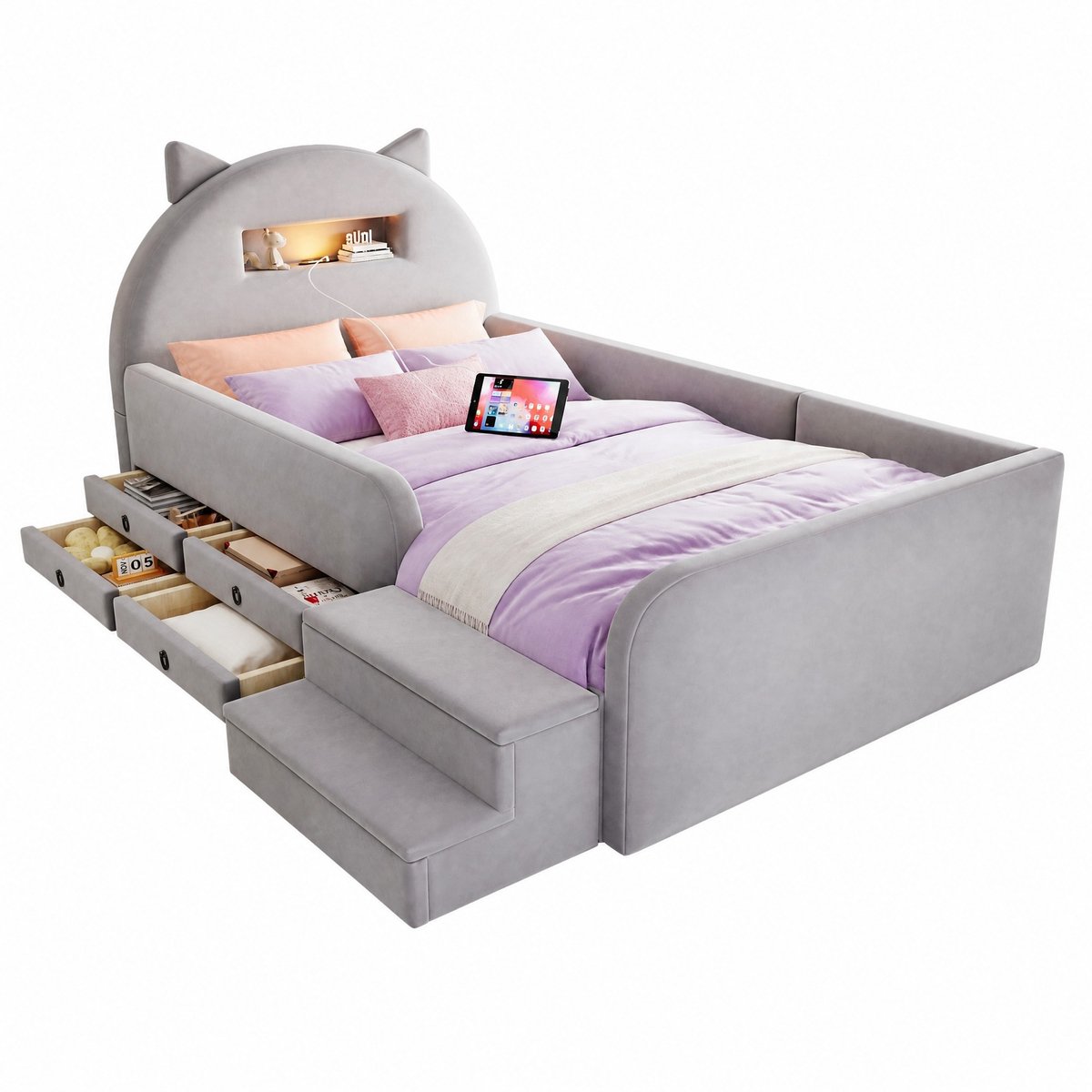 WUVRIE Kinderbed 90x200 cm met oorvormig hoofdbord, nachtlampje, USB en 4 lades, lichtgrijs