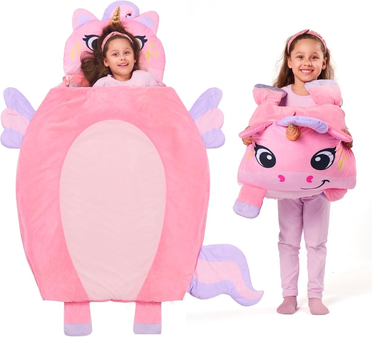 Kinderslaapzak 152 x 99 cm, 2-in-1 slaapmat met kussen en deken voor jongens en meisjes, ideaal voor kleuters en overnachtingen van 3-7 jaar